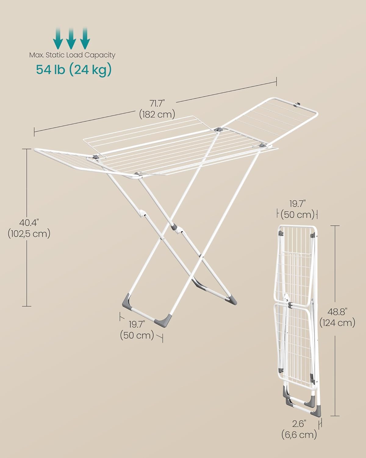 SONGMICS Clothes Drying Rack, Metal Laundry Drying Rack, Foldable, Space-Saving, Free-Standing Airer, with 4 Gullwings, Indoor Outdoor Use, Bed Linen Clothing, White ULLR541W01 - NestledHome