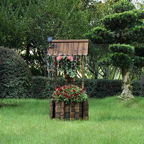 Garden Wooden Decor Rustic Wishing Well with Light Planter Outdoor Home Décor for Patio