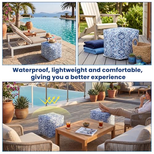 2 Pack Inflatable Outdoor Ottoman Pouf Waterproof Cube 16" Square Blow up Ottoman Footrest with Handle Outdoor Portable Footstool for Patio Garden Camping or Home Pool (2 Count)