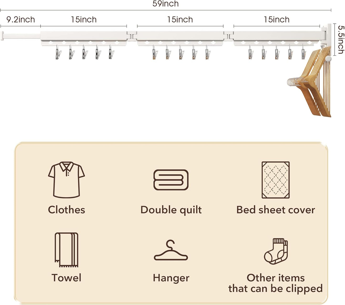 Wall Mounted Clothes Hanger,Clothes Drying Rack,Laundry Rack Wall Mount,Drying Rack Clothing,Clothes Rack Retractable,Collapsible(Tri-Fold), with Windproof Holes & Clips,White Color - NestledHome