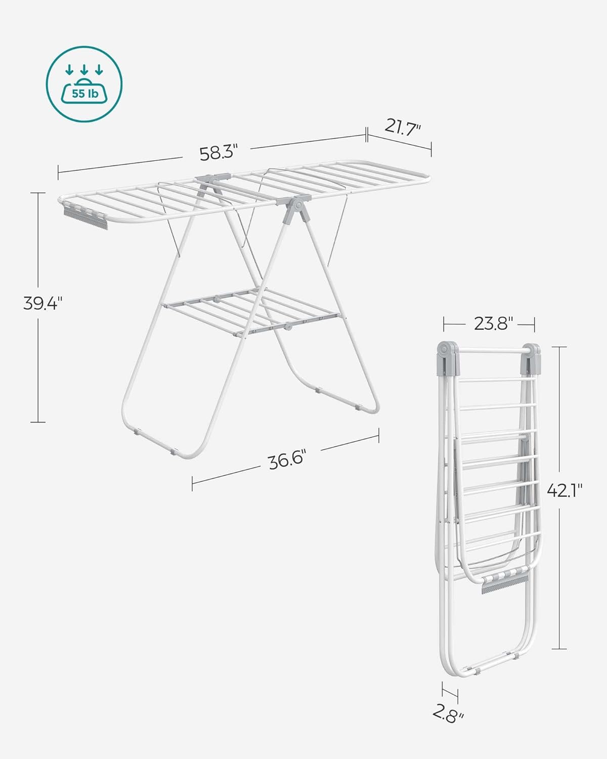 SONGMICS Clothes Drying Rack, with Sock Clips, Metal Laundry Rack, Foldable, Space-Saving, Free-Standing Airer, with 2 Height-Adjustable Gullwings, Indoor Outdoor Use, White and Gray ULLR052W02 - NestledHome