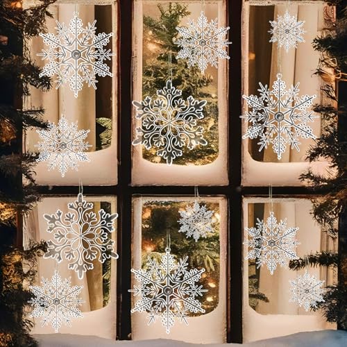 Christmas Tree Decorations Snowflake Ornaments 36Pcs Clear Plastic Hanging Snowflakes from Ceiling Snow Flakes Decorating Hanging for Winter Wonderland Decorations Indoor Outdoor Decor (36 Count)