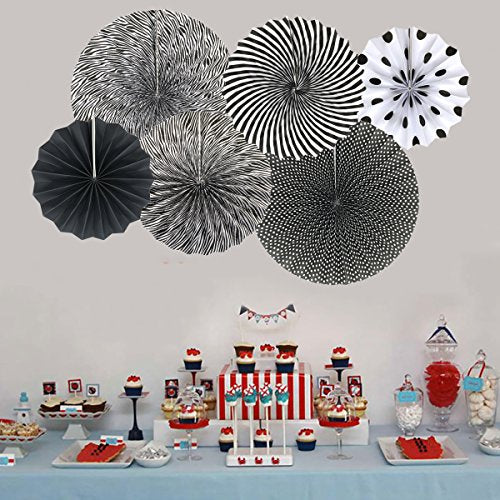 6 Pack Black Round Hanging Paper Fans Party Decorations