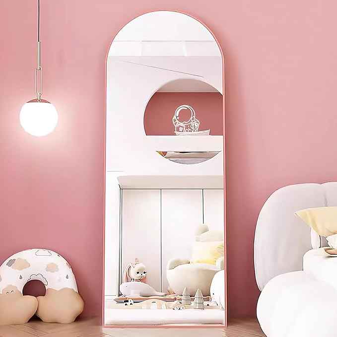 Rose Gold Mirror, 64"x21" Pink Body Mirror, Floor Standing, Full Length, Shatterproof, Arched