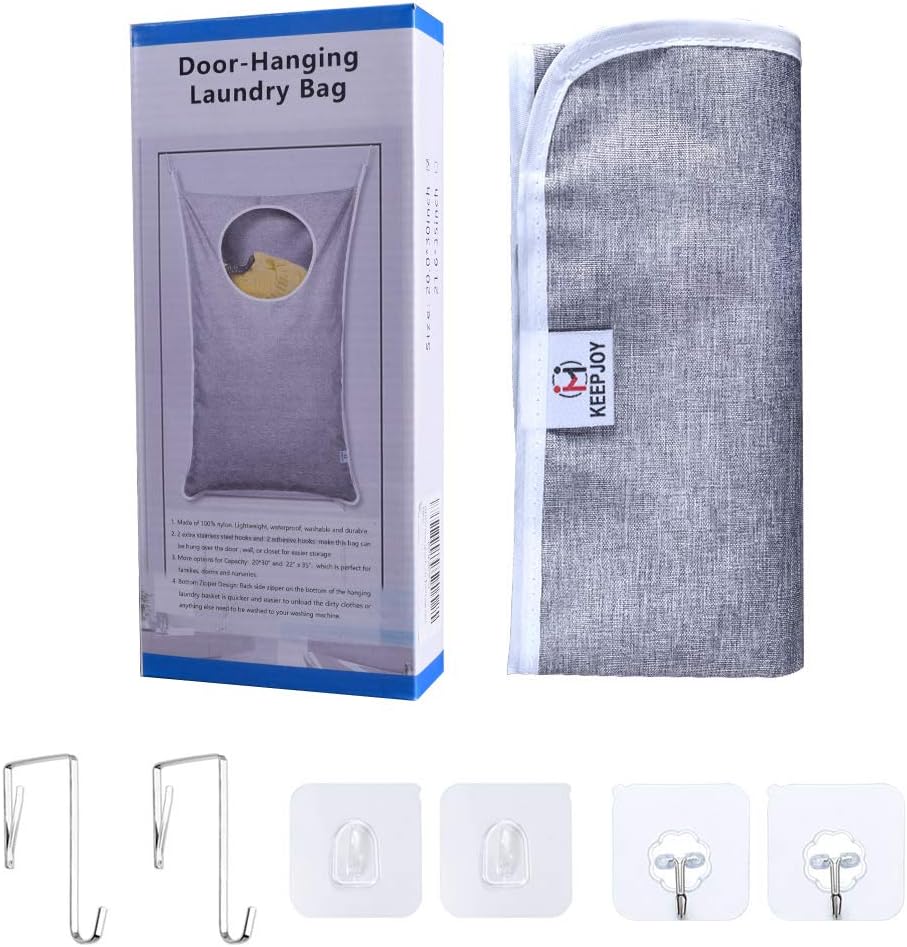 KEEPJOY Hanging Laundry Hamper Bag with Free Adjustable Stainless Steel Door 2 PCs Suction Cup Hooks, Best Choice for Holding Dirty Clothes and Saving Space, Grey - NestledHome