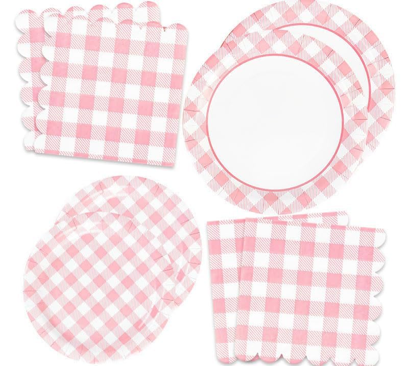 150 Pcs Pink Gingham Paper Plates and Napkins (150 Count)