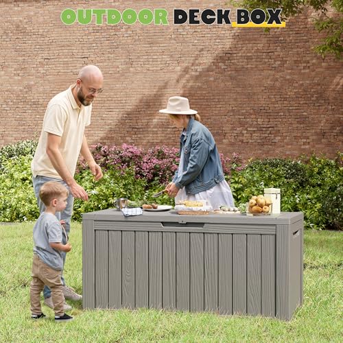 Deck Box 82 Gallon Resin Indoor and Outdoor Storage Box Waterproof for Garden Tools