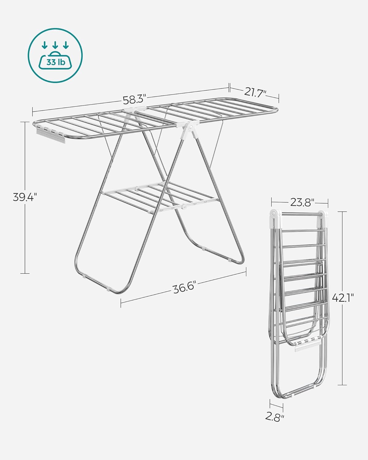 SONGMICS Clothes Drying Rack, with Sock Clips, Metal Laundry Rack, Foldable, Space-Saving, Free-Standing Airer, with 2 Height-Adjustable Gullwings, Indoor Outdoor Use, Silver and White ULLR052W01 - NestledHome