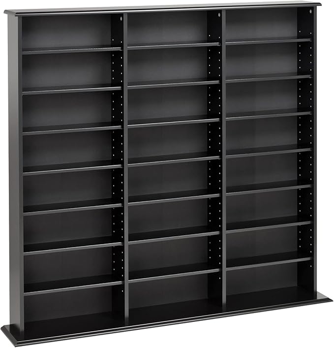 Prepac 3 Column Tall Media Storage Cabinet, Black Storage Cabinet, Display Cabinet, Multimedia Storage Organizer for CDs, DVDs, Blu-rays with 21 Adjustable Shelves 8.75" D x 56" W x 51" H