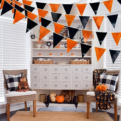 Black Orange Party Decoration Metallic Fabric Triangle Pennant Banner Flag Bunting Garland for Graduation Halloween Fall Autumn Thanksgiving Birthday Wedding Shower Bridal Shower Party Supplies (36 Count)