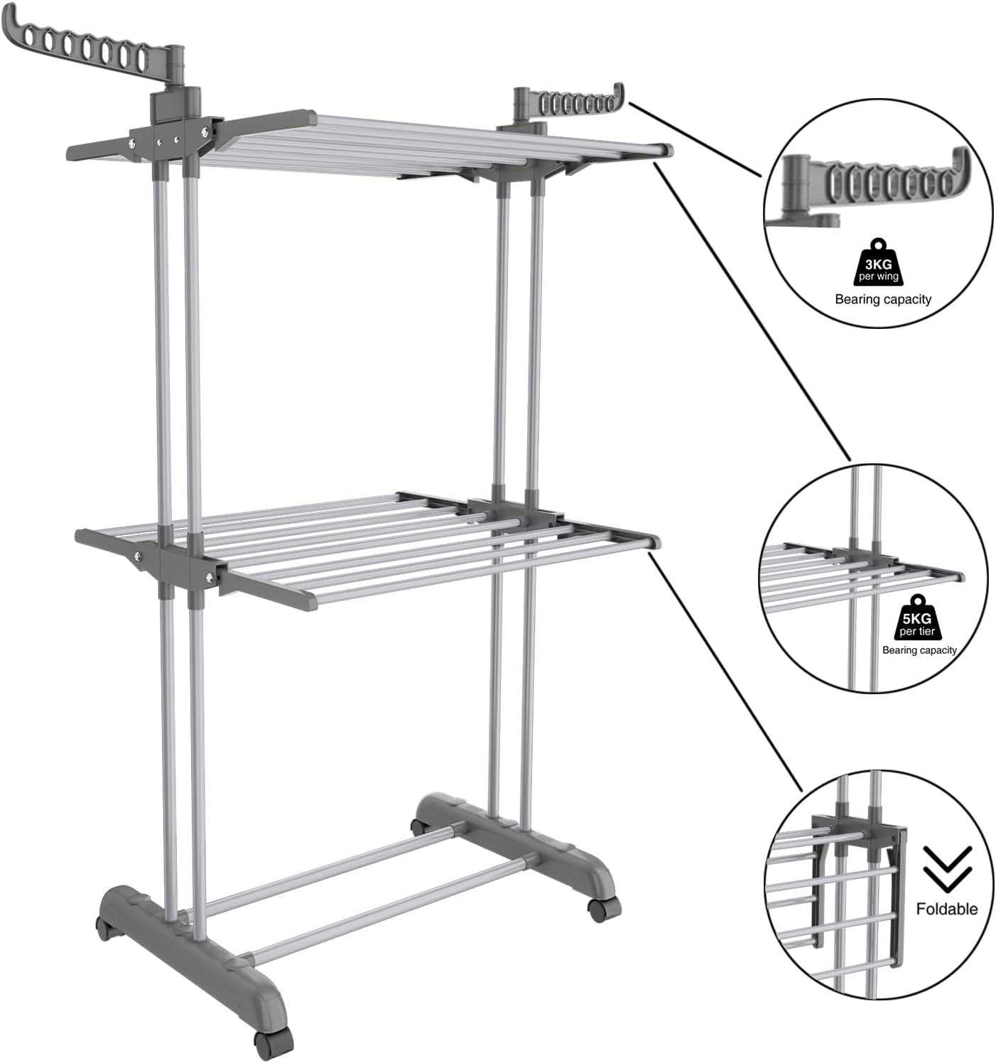 Bigzzia 3 Tier Clothes Drying Rack, 57 Inch Laundry Drying Rack, Foldable Stainless Steel Kids Clothing Rack, Movable Laundry Rack for Indoor Outdoor - Grey - NestledHome