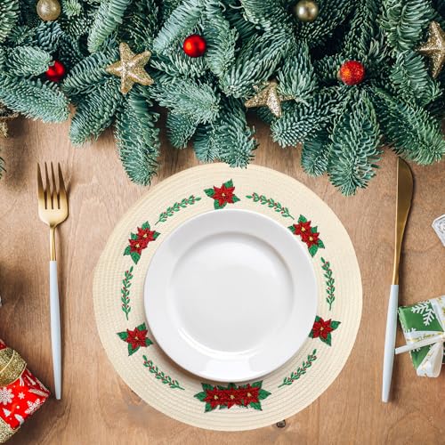 4Pcs Round Christmas Flower Placemats Embroidered Xmas Poinsettia Place Mats Decorative Dinner Table Mats for Holiday Party Decor (4 Count)