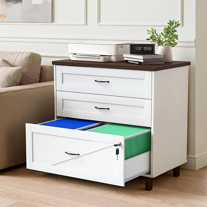 3 Drawer File Cabinet 32" Wide Lateral Filing Cabinets with Hanging File Folders for A4 Letter Legal Wood Office Storage Organizer Furniture Printer Stand for Home Office, Living Room(White)