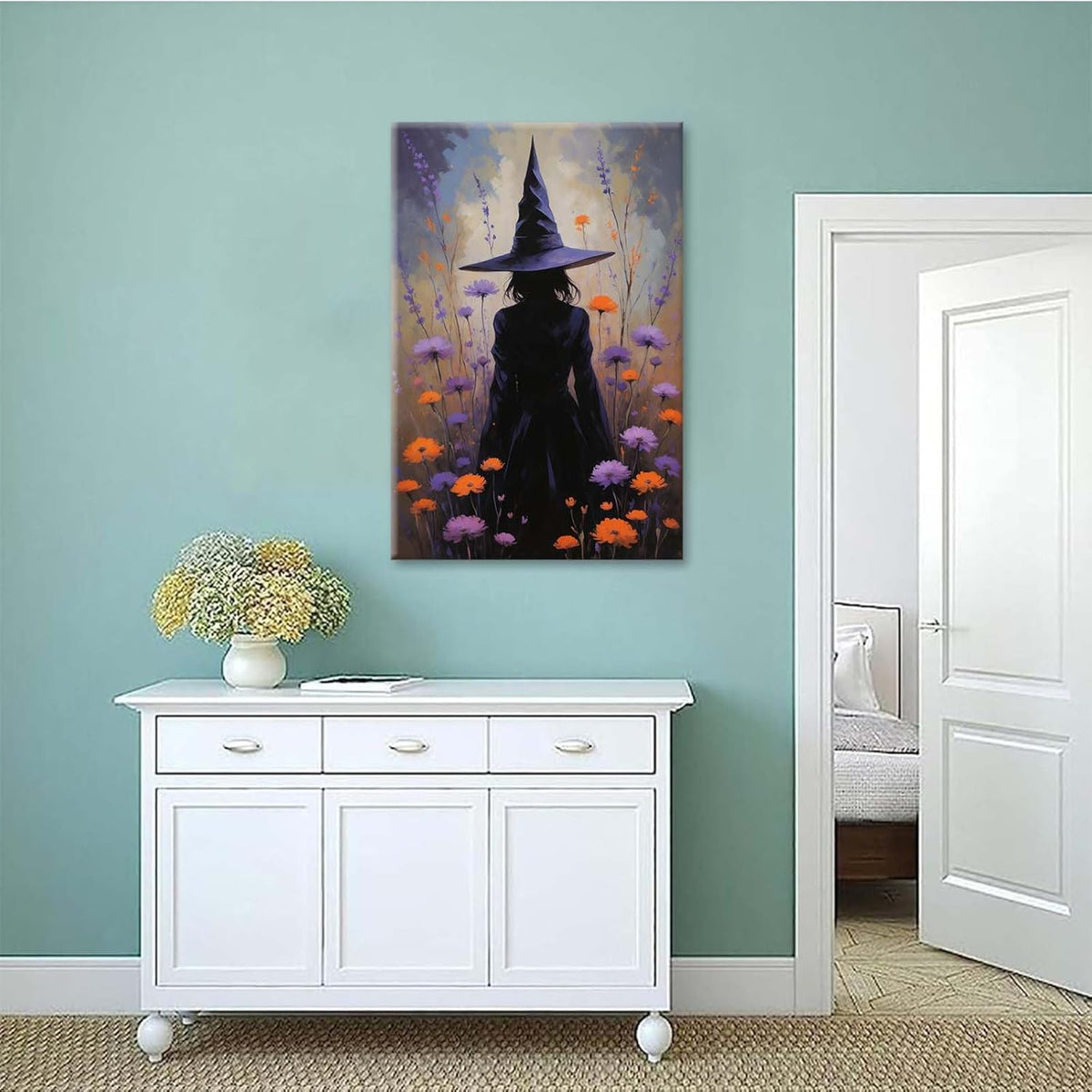 Country wildflower witch canvas print halloween mashup art witch purple decoration bohemian elegant art poster24x36in Wood Framed
