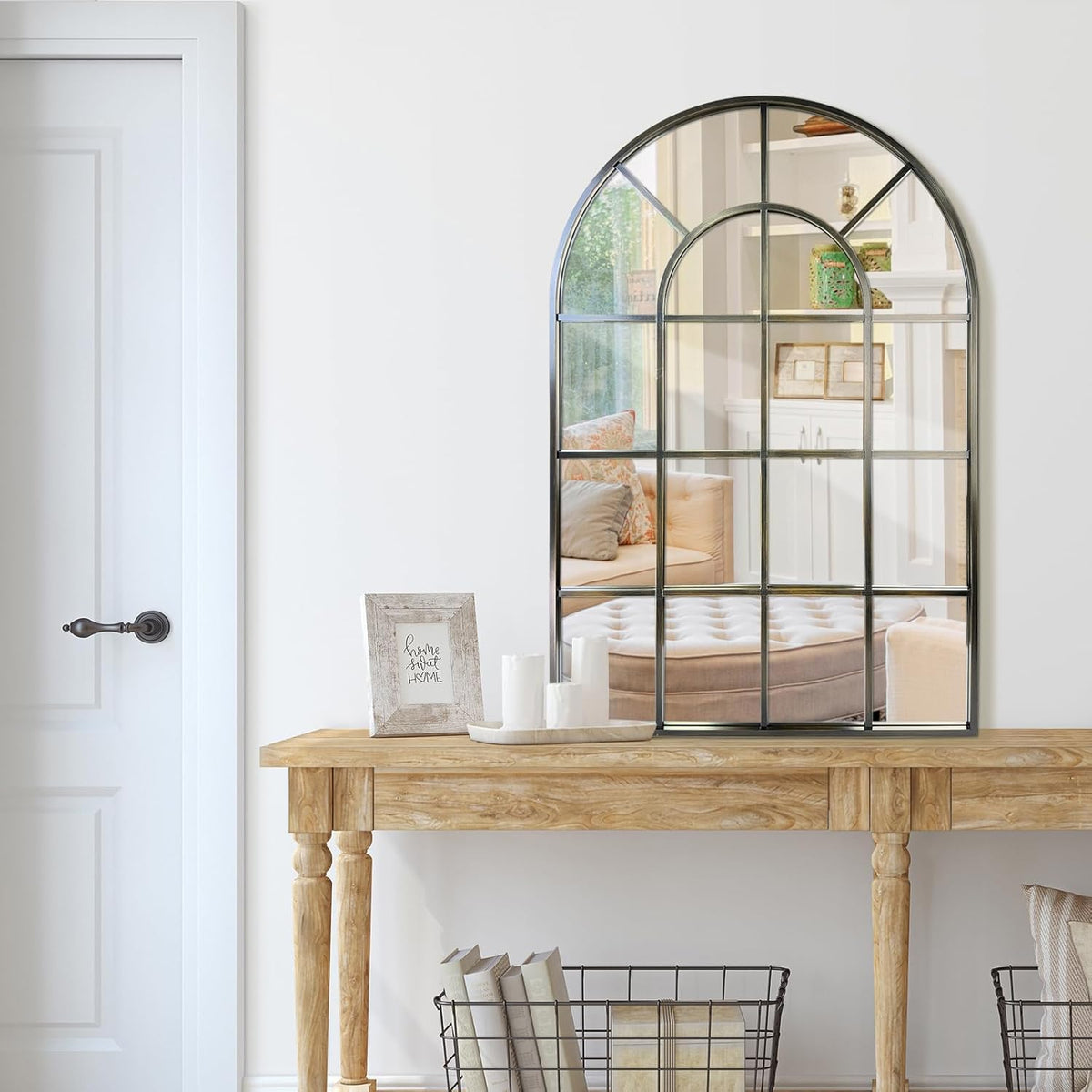 Arched Windowpane Wall Mirror 30"x40" Bronze Wall Mounted Art Pane Mirror Farmhouse Decorative Mirror Leaning Hanging Wall Mirror for Bedroom Living Room Entrance Hallway Wall Decor
