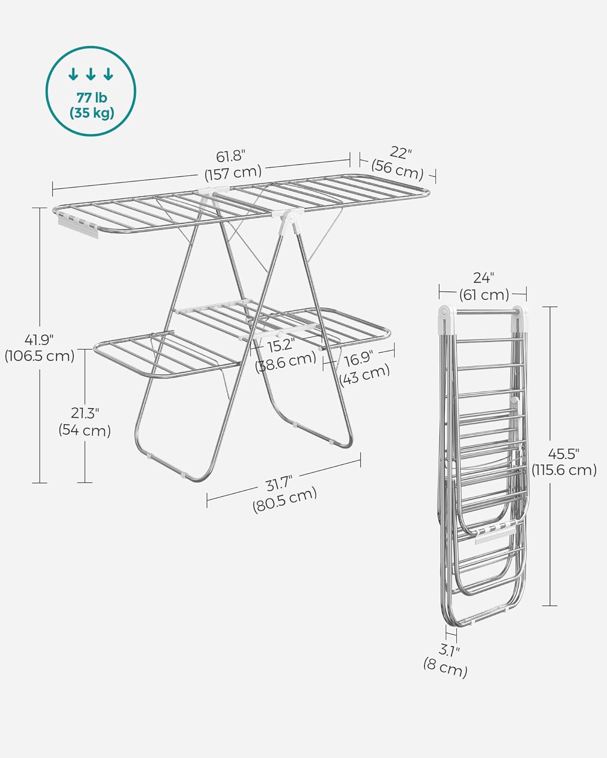 SONGMICS Clothes Drying Rack, Foldable 2-Level Laundry Drying Rack, Free-Standing Laundry Airer, with Height-Adjustable Wings, 33 Drying Rails, Sock Clips, Silver and White ULLR053W01V1 - NestledHome