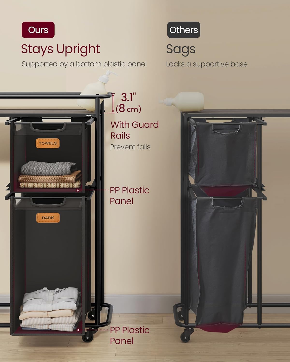 VASAGLE Laundry Sorter, Laundry Hamper with Wheels, 39.6 Gal. (150 L) Portable Rolling Cart Baskets with Shelf, 4 Removable Liners and 6 Labels, Ink Black and Chestnut Brown URLS100B01 - NestledHome