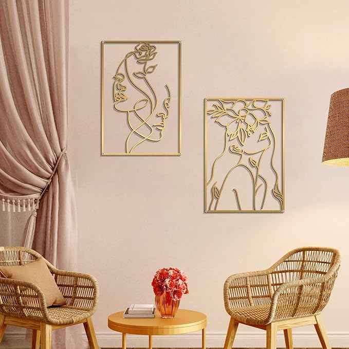 Glamativity 4 Pack Gold Wall Art Decor, Female Flower Face Lover Minimalist Décor Single Line Art Wall Décor, Real Metal Wall Art, Woman's Body Shape Abstract Wall Art, for Kitchen Bedroom Living Room (Gold Floral Lady Style, M Size 17 x 11.8'')