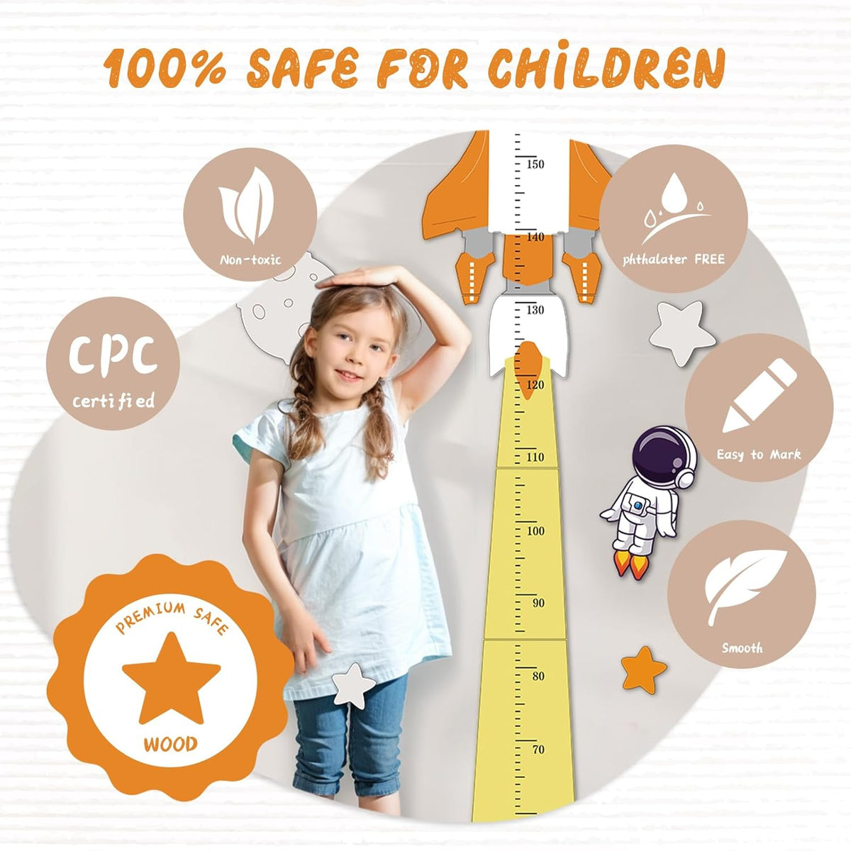 Personalized Name Height Chart for Kids, Cute Rocket Wooden Growth Chart for Kids, Wall Height Chart for Children, Cute Wall Ruler for Kids, Track Height Measurement, Easy to Install - NestledHome