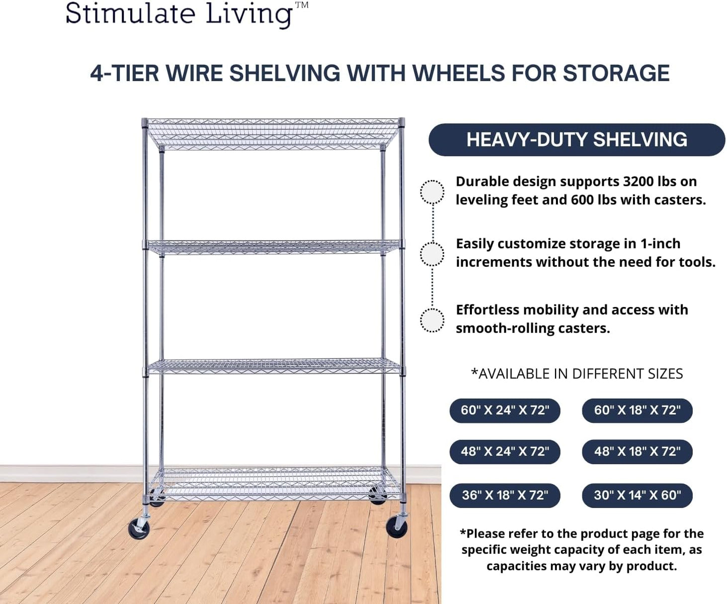 48"x24"x72" Prime Heavy Duty Chrome 4-Tier Wire Shelving NSF 3200 LBS MAX Capacity Storage Rack for Commercial, Hospital, School, Garage, and Kitchen Uses (with Wheels) - NestledHome