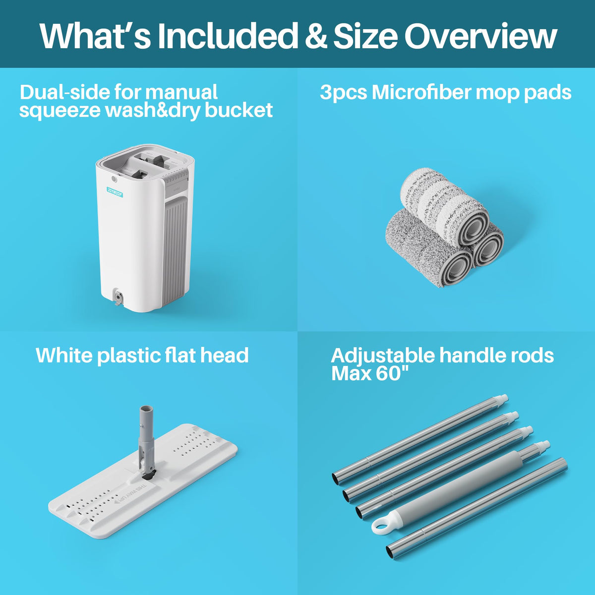 8L (2.1 Gal) Large Capacity Mop System with Extension Handle, Perfect for Household and Commercial Floor, Window, and Wall Cleaning - Includes 3 Washable Microfiber Pads for Wet and Dry Use