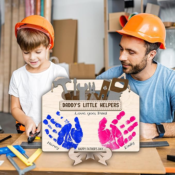 DIY Daddy's Little Helpers Tool Box Craft Plaque Baby Handprint Gifts for Mechanic Dad, First Fathers Day Art Craft Sign for Mechanic Papa, Daddy's Toolbox Tool Set Craft with Kids Handprint Keepsake
