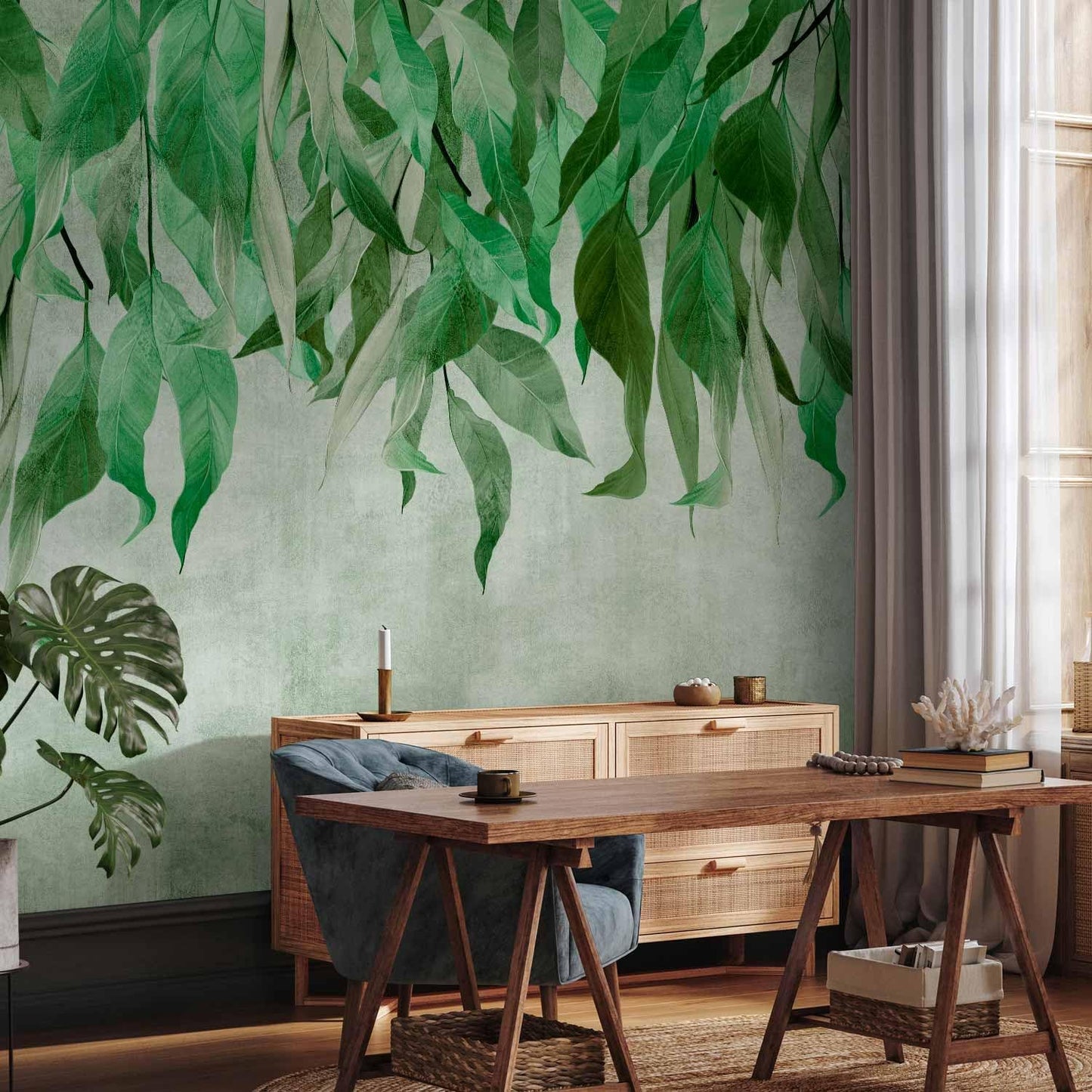 artgeist Premium Wall Mural Hanging Leaves 79x55 in - Non-Woven Wallpaper Fleece Wall Decor Photo Print Picture Image Design Nature Botanical Concrete Green Like Painted b-C-10146-a-a