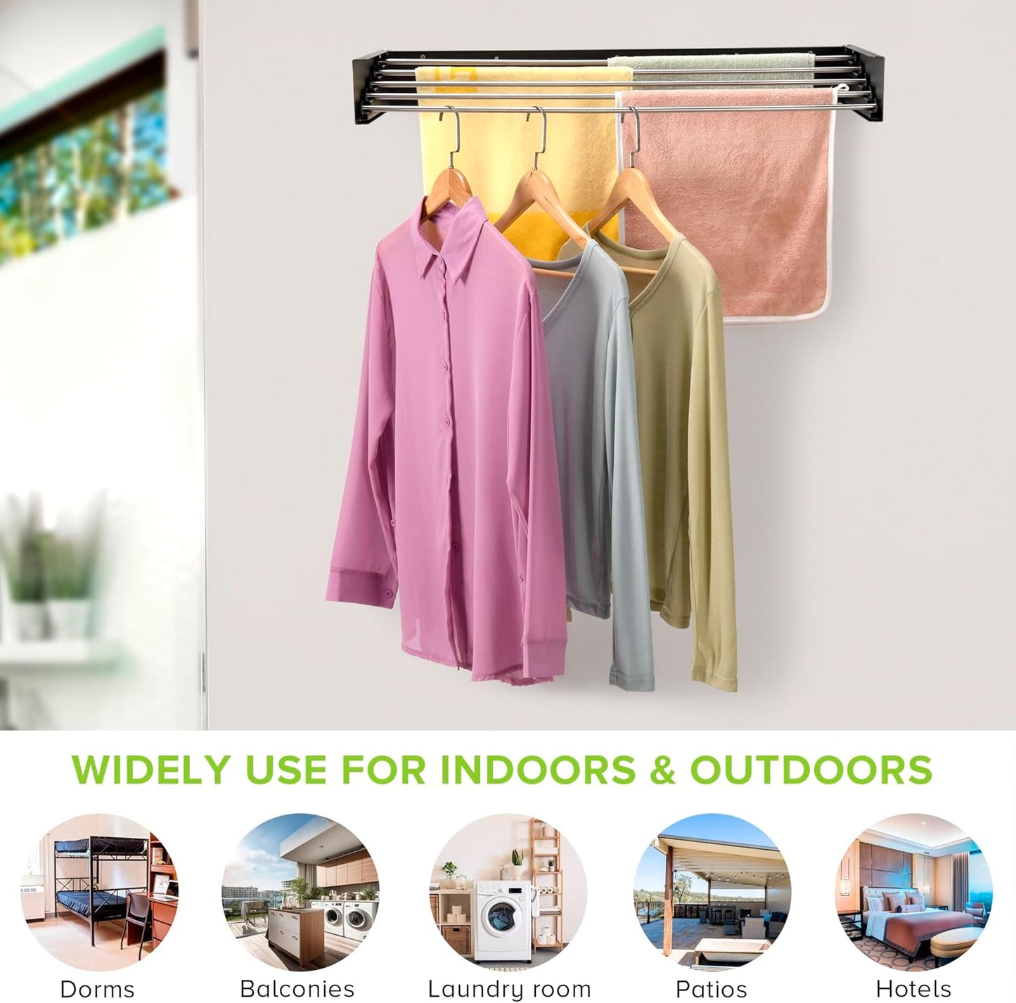 Wall Mounted Laundry Drying Rack, Retractable Clothes Drying Rack for Bathroom with Wall Template, 5 Stainless Rods Heaving 60 lb Capacity (Black, 31.5") - NestledHome
