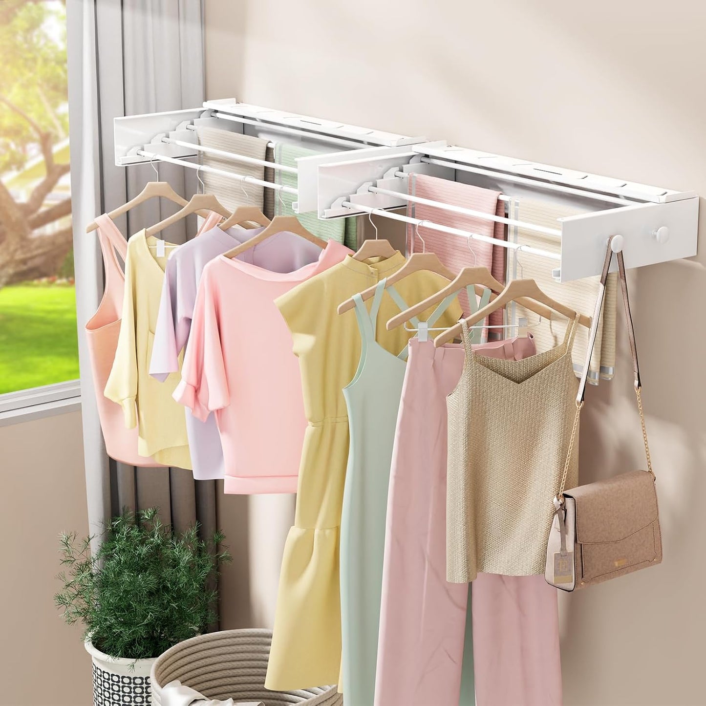 Wall Mounted Drying Rack with 4 Hooks and Shelf, Foldable Clothes Drying Rack for Laundry Room, Collapsible Laundry Rack Wall Mount, for Indoor Outdoor Hanging Clothes, 23.6 Inch - NestledHome
