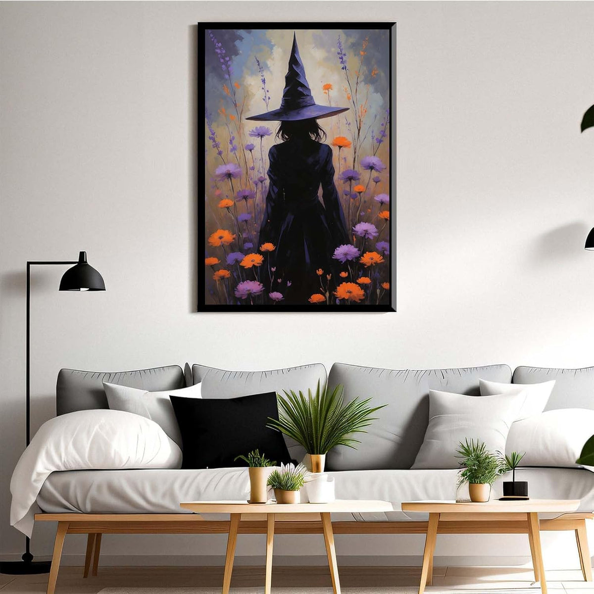JFHCQJPK Country wildflower witch canvas print halloween mashup art witch purple decoration bohemian elegant art poster8x12in Metal blackFramed