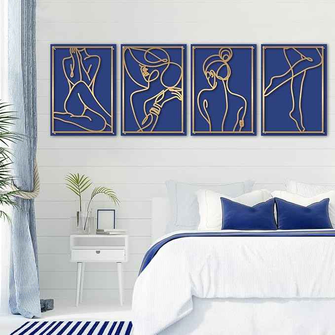 Glamativity 4 Pack Minimalist Wall Art, Real Metal Abstract Wall Art (Woman's Body Shape, Gold Elegant Style, M Size 17 x 11.8'')