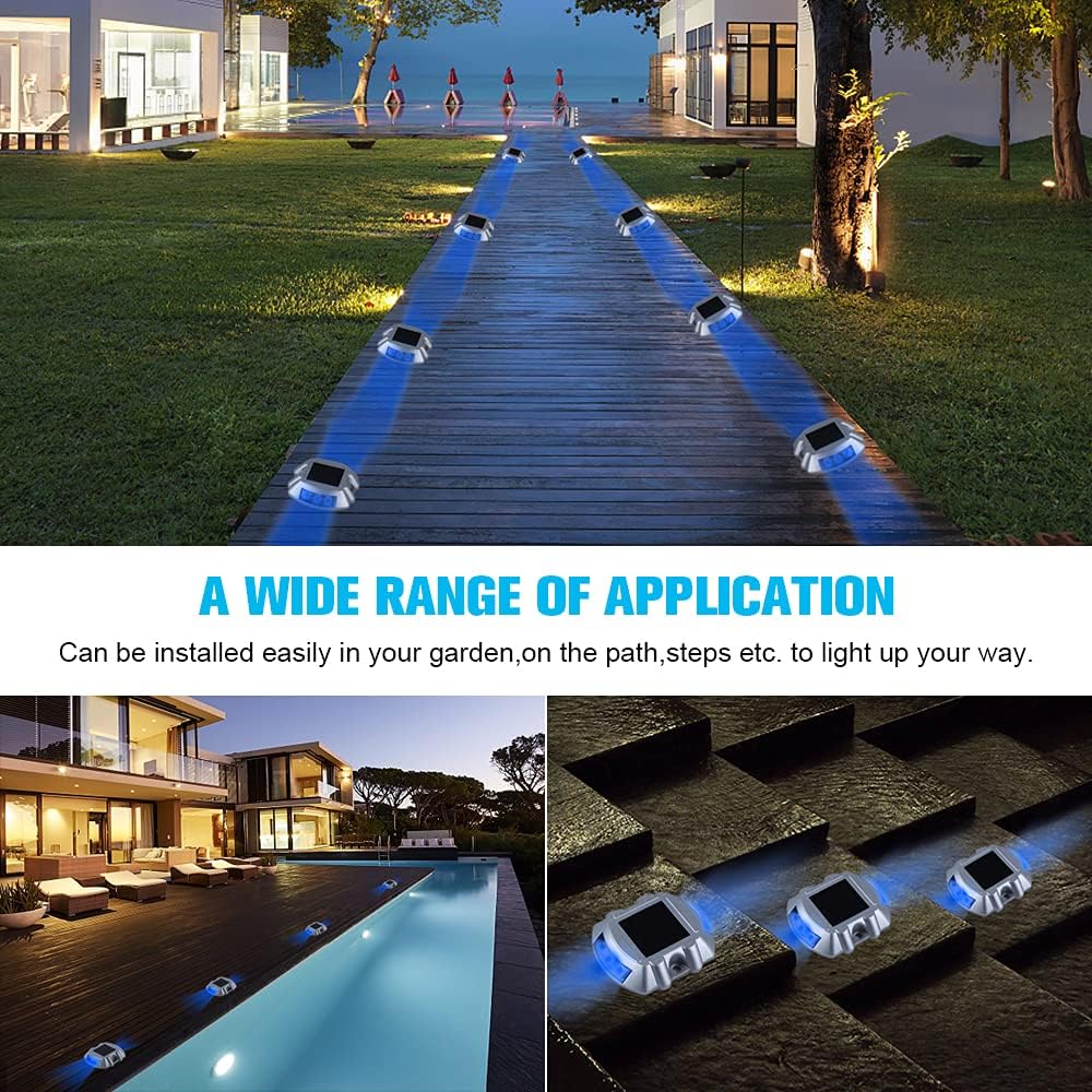 VOLISUN Solar Deck Lights, 8-Pack Led IP67 Waterproof Outdoor Warning Step Lights for Driveway, Sidewalk, Garden Pathway, Yard (Blue)