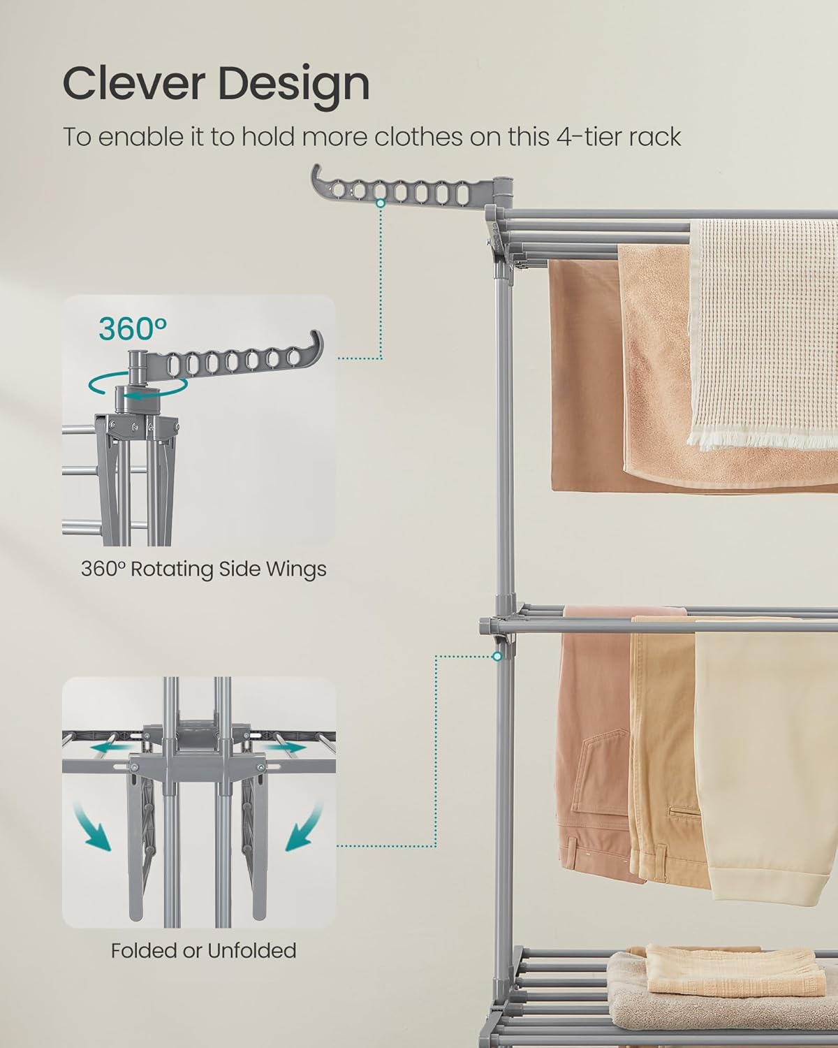 SONGMICS Clothes Drying Rack 4-Tier, Foldable Laundry Drying Rack 69.9-Inch Tall, Extendable Rods, Stainless Steel, Rolling Clothes Horses, Clothes Airer, Indoor Outdoor Use, Dove Gray ULLR704G01 - NestledHome