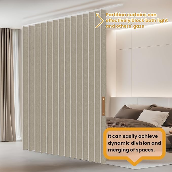 Accordion Partition Curtain with Ceiling Track - Space-Saving Room Divider, Tool-Free Installation(Off-White 100" W x 84" L-Pack of 1)