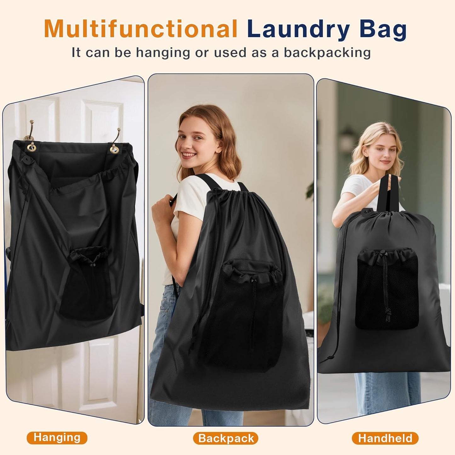 2-Pack Backpack Laundry Bags, Heavy Duty Laundry Bag Backpacks with Adjustable Shoulder Straps, Door Hanging Washing Bag, Laundry Hamper Lining for College Dorm, Travel, Laundromat - NestledHome