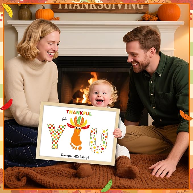 Thanksgiving Turkey Footprint Art Craft DIY Kit Polka Dots Fall Thanksgiving Gifts Thankful for You Little Turkey Footprint Keepsake with Wood Frame for Mom Dad Friend Holiday Activities 12x16 Inch