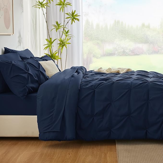 CozyLux California King Comforter Set Navy Blue - 7 Pieces Cal King Pintuck Bed in A Bag Gift for Family, Pinch Pleat Bedding Sets with All Season Comforter, Sheets, Pillowcases & Shams