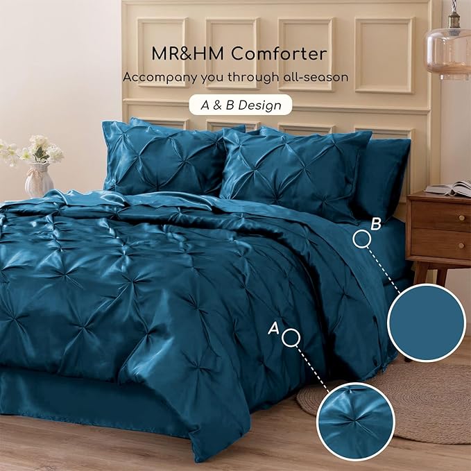 MR&HM Satin Comforter King 7 Pieces - Luxurious Pinch Pleat Bedding Set with Comforter, Flat Sheet, Fitted Sheet, Pillowcases & Shams, Super Silky Soft Bed Set for All Season (King, Teal)