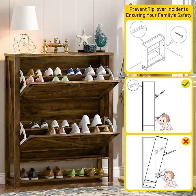 Vabches Shoe Storage Cabinet, 5-Tier Farmhouse Freestanding Organizer with 2 Flip Drawers, Wooden Shoes Rack Cabinets Storage Organizer with Doors for Entryway, Hallway, Closet, Rustic Brown