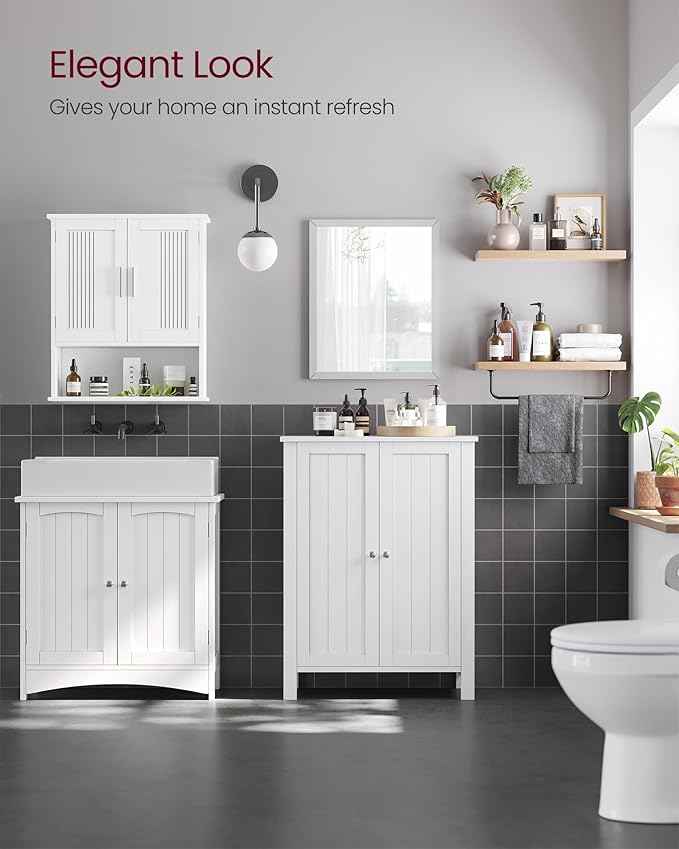 VASAGLE Floor Storage Cabinet, Freestanding Storage Unit with 2 Adjustable Shelves, for Bathroom Living Room Dining Kitchen, 11.8 x 23.6 x 31.5 Inches, Cloud White UBCB60WV1