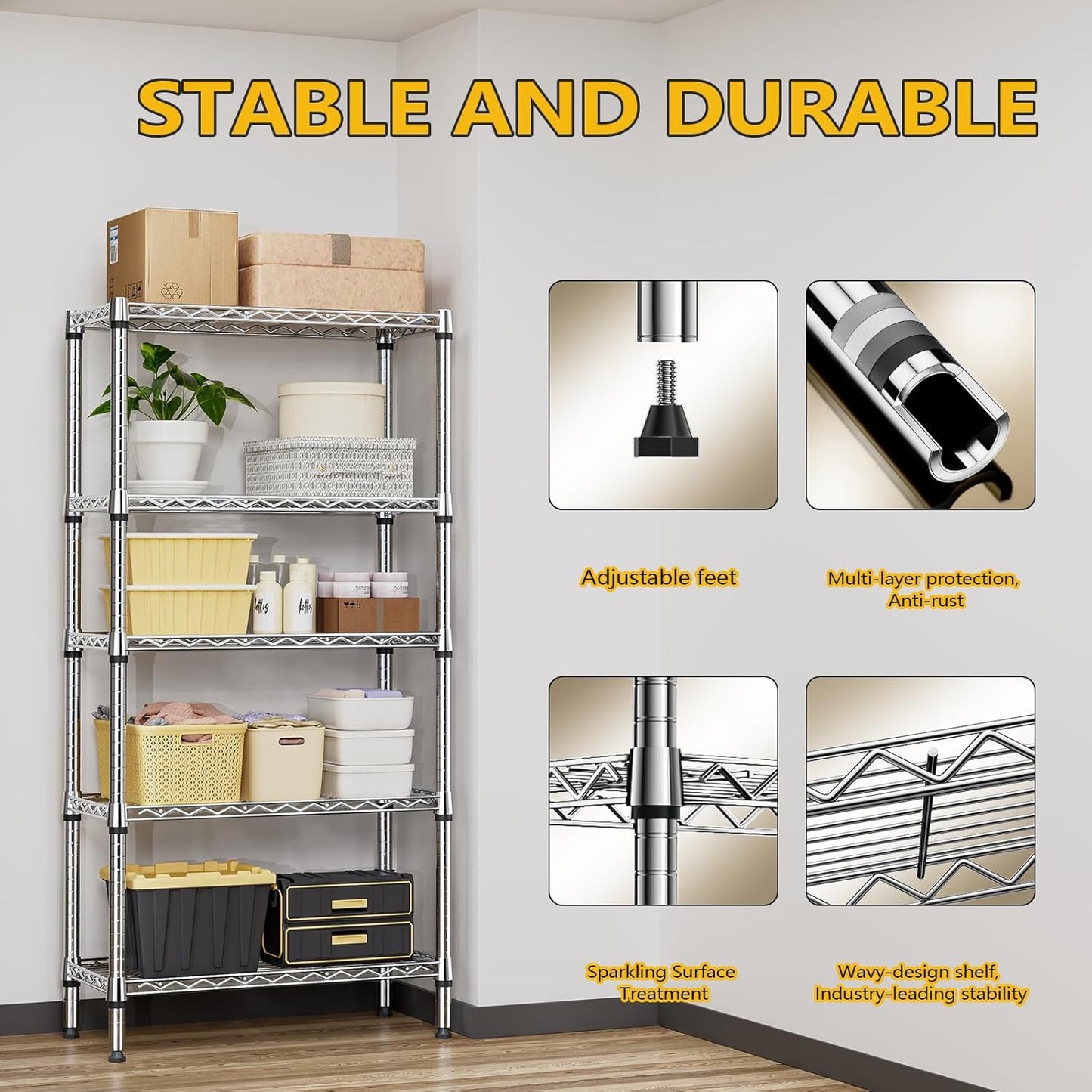 1250 lbs 5 Tier Shelf Metal Storage Shelves Shelving Wire Rack Heavy Duty Closet Organizers for Garage Kitchen Bathroom Laundry Chrome 13.8" D x 29.5" W x 59.5" H - NestledHome