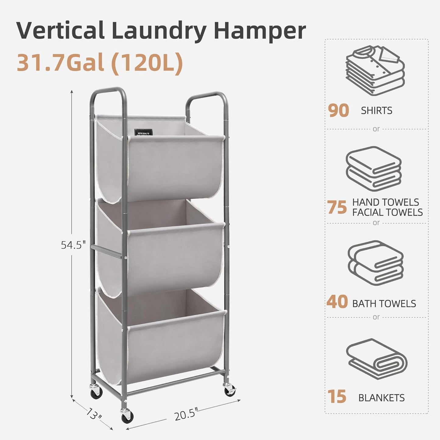STORAGE MANIAC 120 Liters Vertical Rolling Laundry Hamper, 3 Section Laundry Sorter with Wheels and 2 Breaks, 3-tier Laundry Baskets for Small Space, Dorm, Laundry Room, Closet, Bathroom, Gray 3-tier - NestledHome