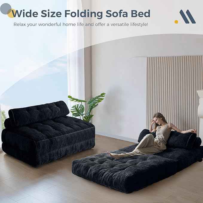 MAXYOYO Folding Sofa Bed, Convertible Sleeper Chair with Pillow Foldable Matress with Back Support, Portable Fold Out Chair Bed Comfy Floor Sofa Lounge for Living Room Bedroom, Black Double