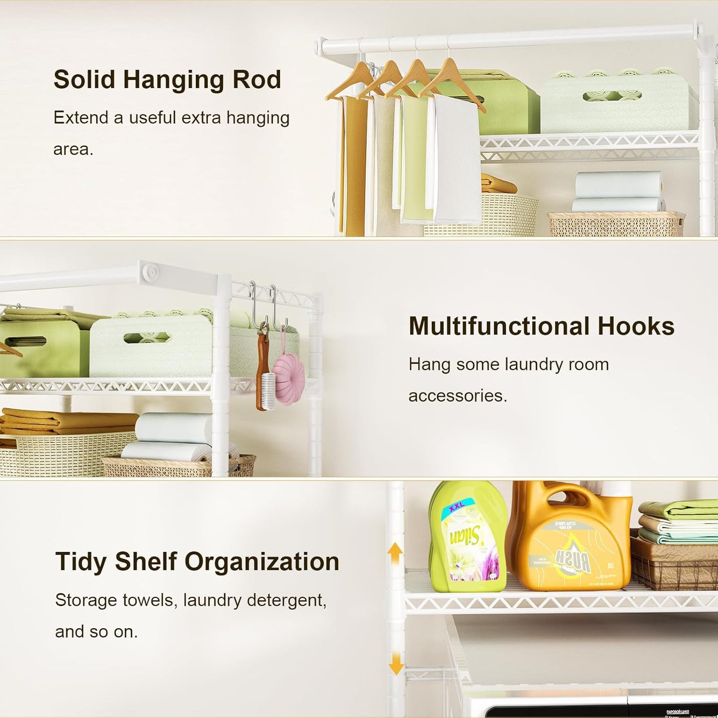 Ulif U11 Medium Over Washer and Dryer Shelves, 3 Tiers Laundry Room Storage and Organizer Standing Shelf, Metal Freestanding Clothes Drying Rack, 31.1”W x 19.7”D x 77.6”H, White - NestledHome