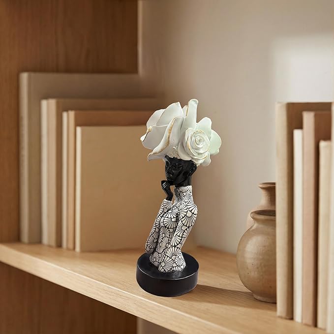African Woman Sculpture with White Rose Headdress, Black and White Resin Statues, Modern Abstract African Art Statue for Home Decor Shelf Table Office Display