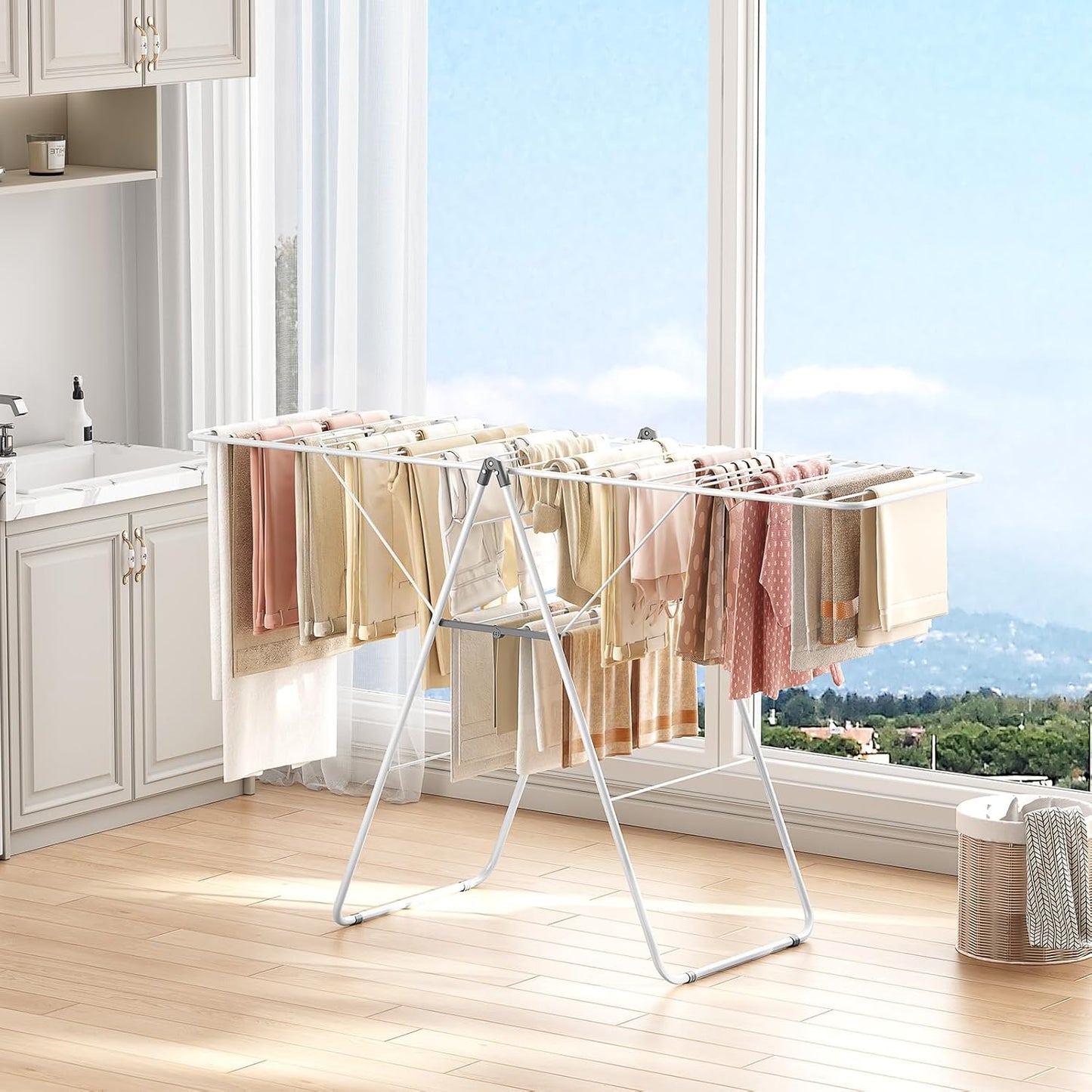 APEXCHASER Clothes Drying Rack, Oversized Drying Rack Clothing with Height-Adjustable, Foldable Gullwings Metal Laundry Rack, Indoor Outdoor Use, No Assembly, White - NestledHome