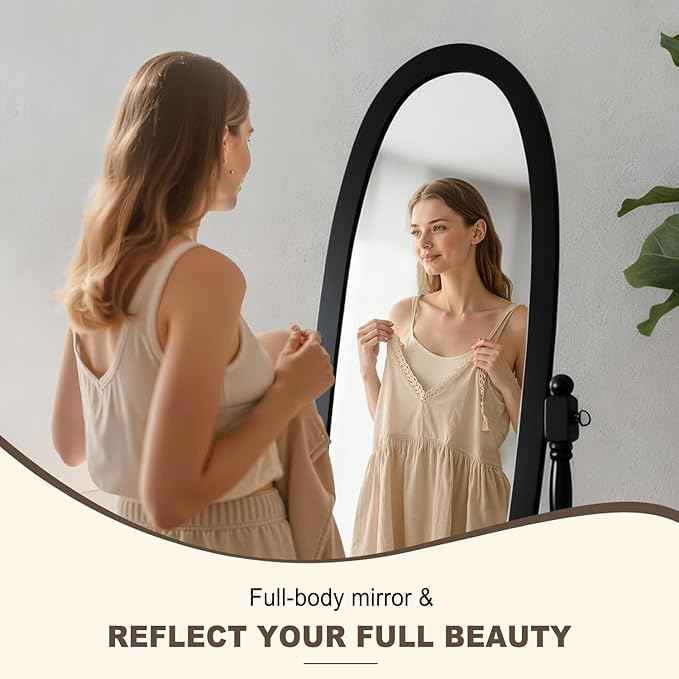 Full Length Mirror with Stand, Vintage Style Wood Floor Cheval Mirror, Traditional Adjustable Free Standing Mirrors Full Length (Black)