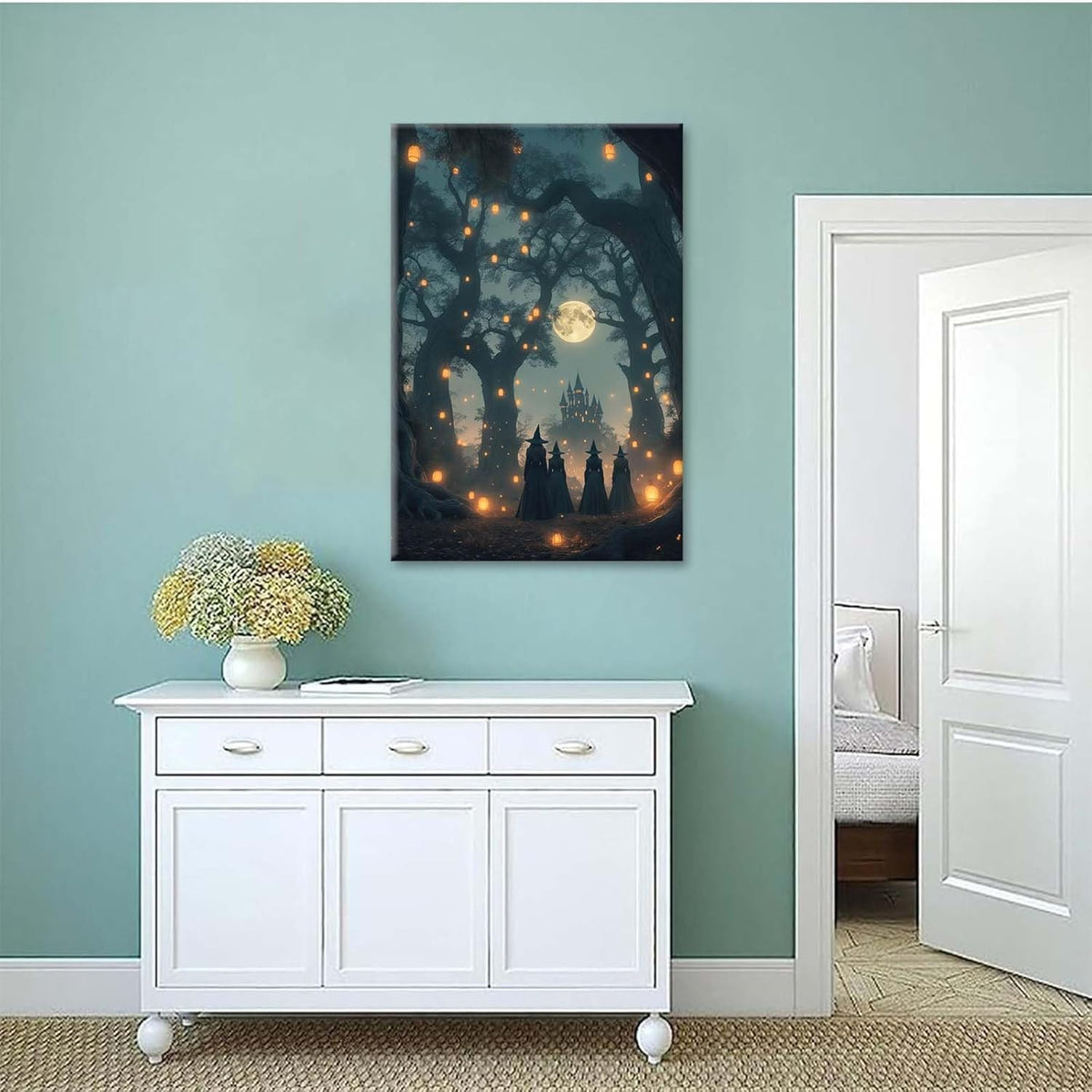 Mysterious creek painting witch and castle in magic forest art print canvas gothic print dark college decoration poster for home bedroom8x12in Wood Framed