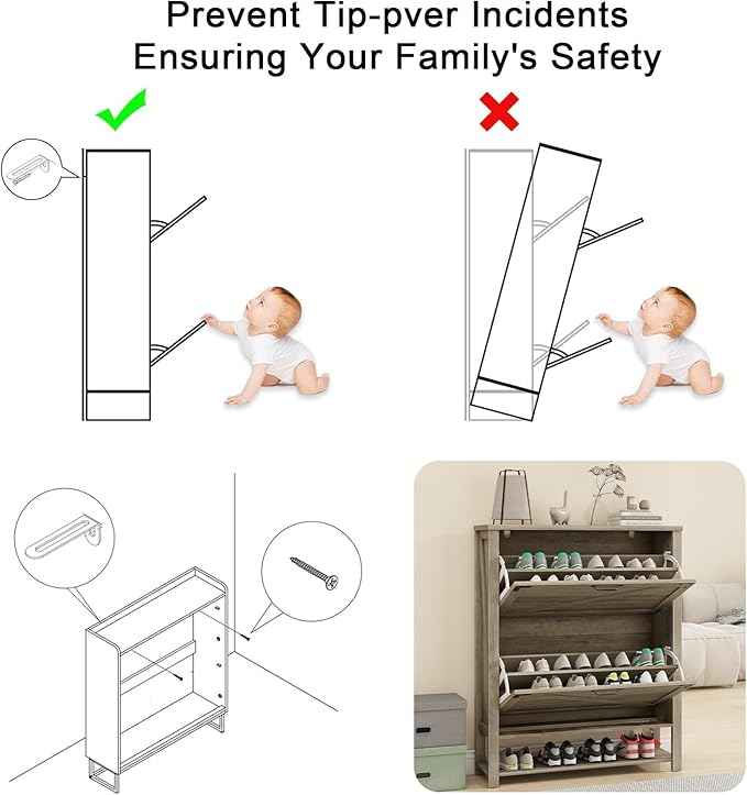 Vabches Shoe Storage Cabinet, Farmhouse Freestanding Organizer with 2 Flip Drawers, Wooden Hidden Narrow Slim Shoe Rack Cabinet for Entryway, Hallway, Foyer, Grey