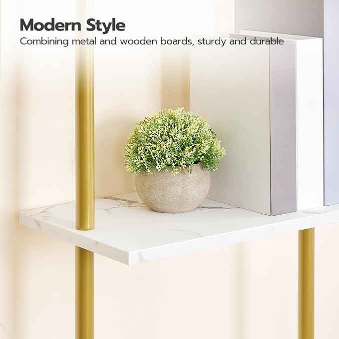HOOBRO DIY Ladder Shelf, 6-Tier Wooden Wall Mounted Bookshelf, Narrow Gold Bookcase, Display Shelf, Storage Rack, Plant Stand, for Living Room, Bedroom, Study, Balcony, Marble and Gold DM651CJ01